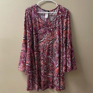 Sz Lg Dark Pink & White MSK Dress with Bell Sleeves